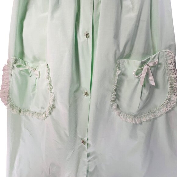 Vtg Lisanne Mint Green Button Down Housecoat Robe Lace Collar Pockets Cotton SS - Picture 4 of 16